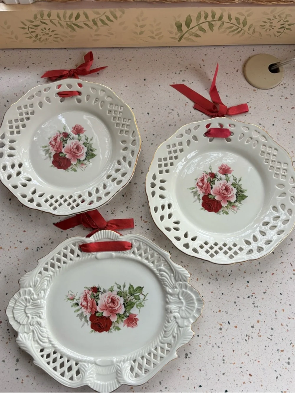 Baum Bros “Amalfi” Porcelain Plate Set – Rose Floral Ribbon Wall Plates Set of 3